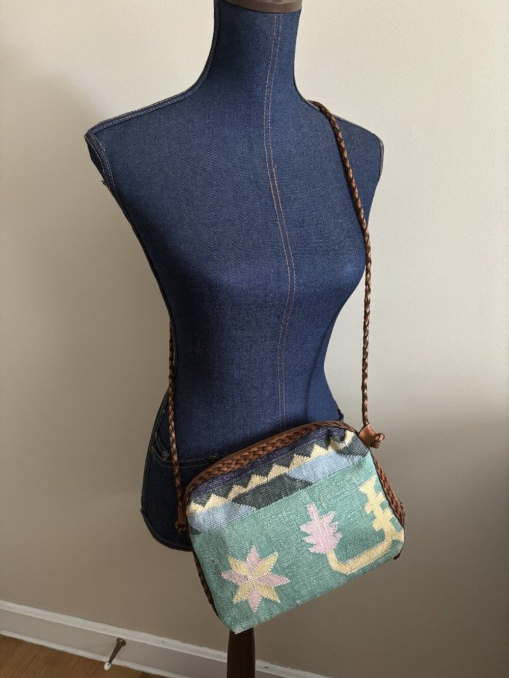 VTG Kilim Handbag India Handwoven Wool Leather Boho Tapestry Western Green Brown